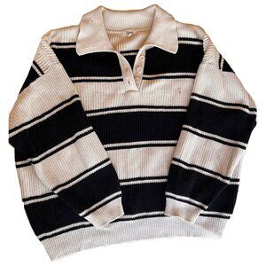 Striped Collared Sweater Cream Black Oversized Pullover